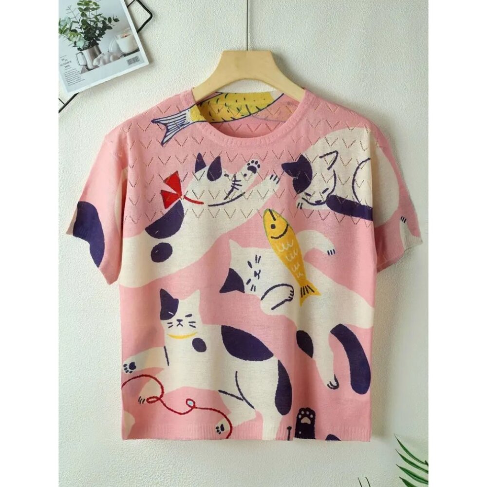 Cute Cat Eyelet Casual Crew Neck Casual Short Sleeve Knitted Top